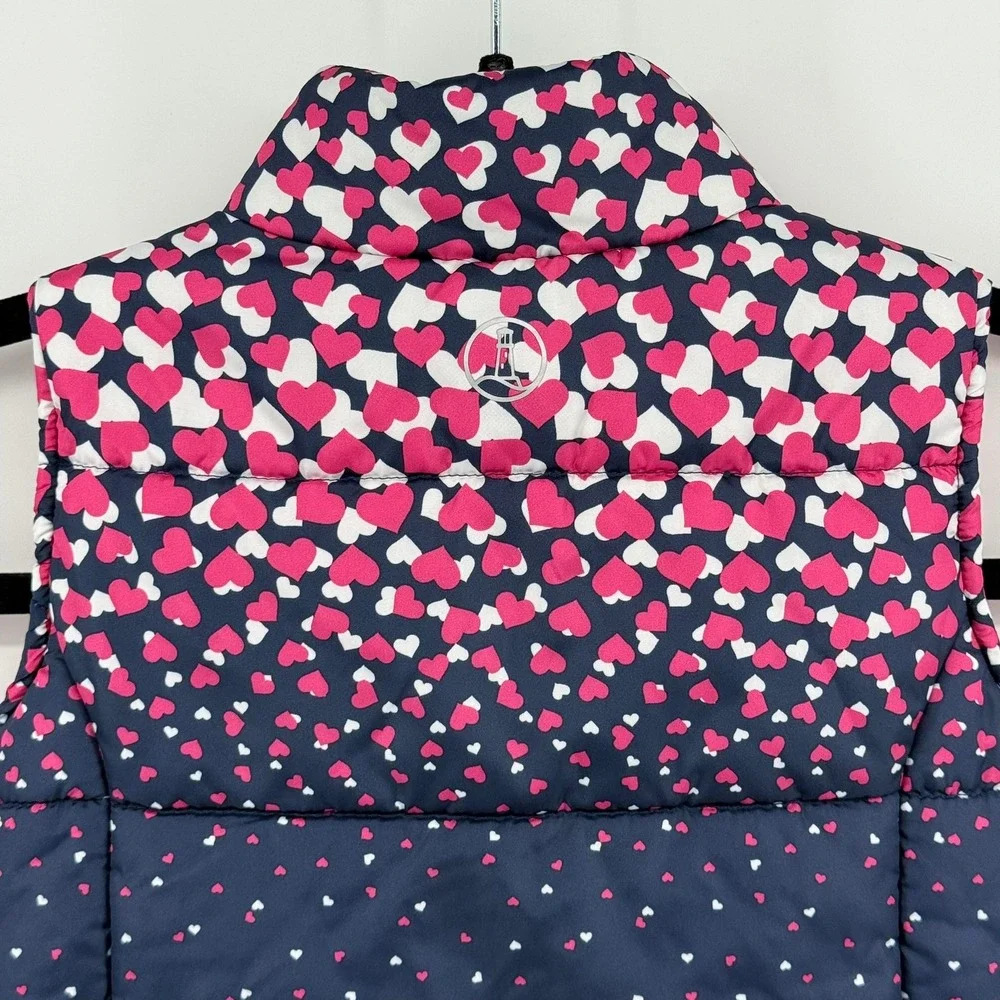Lands End Kids Puffer Vest Navy Pink White Heart Print Size S 4 Full Zip Padded